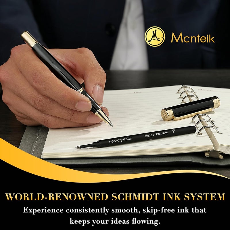 MCNTEIK Black Lacquer Rollerball Pen - Stunning Luxury Pen, 24K Gold Plating, Schmidt Refill, Precision Flow Ink, Best Roller Ball Gift Set for Men & Women, Professional, Executive Fancy, Nice Pens - Image 5